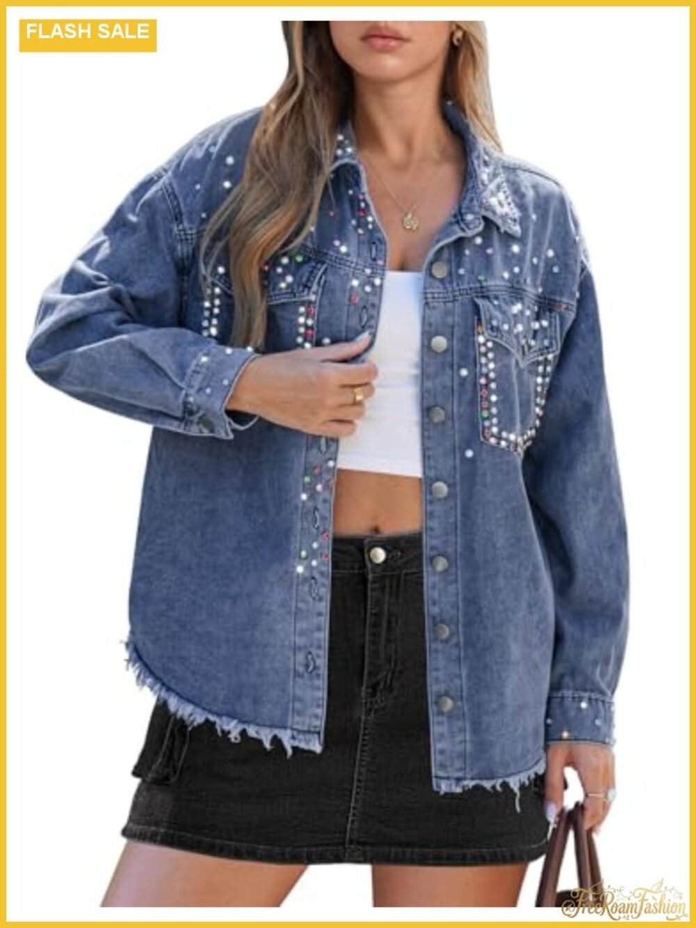 Women's Rhinestone Pearl Embellished Oversized Denim Jacket Frayed Hem Long